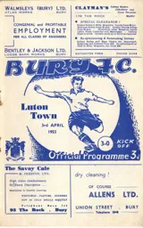 Programme: Bury vs Luton Town FC (3rd Apr 1953)