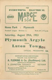 Programme: Plymouth Argyle vs Luton Town FC (29th Aug 1953)