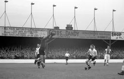 The Oldham keeper clutches the ball with Bernard Moore awaiting an error