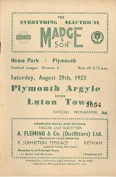 Programme: Plymouth Argyle vs Luton Town FC (29th Aug 1953)