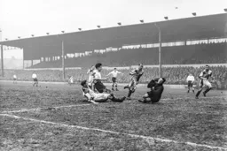 Johnny Downie`s close range effort beats Howard Radford but does not find the target