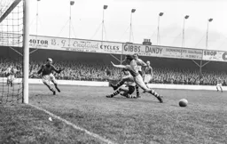 The ball goes across the goal mouth but neither Jimmy Adam or Jesse Pye can apply the finishing touch