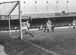 Jimmy Adam heads in Town`s third goal from Gordon Turner`s cross