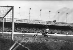 Bob Morton takes advantage of a mix up in the Liverpool defence to score his and Town`s second goal