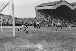 Sam Bartram watches anxiously as Gordon Turner`s shot just misses the target