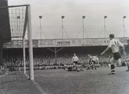 It looks odds on a goal but Jimmy Adam does not apply the finishing touch