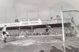 Ron Baynham is beaten all ends up by Jack Rowley`s long range effort for City`s second goal