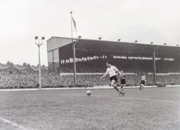 Bob Morton beats the offside trap and walks the ball into the net for the only goal of the game