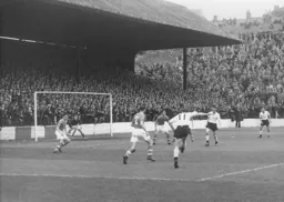 Jimmy Adam fires a shot across the Charlton penalty area. The Charlton keeper is future Hatter, Eddie Marsh