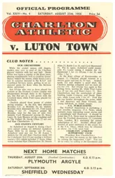 Programme: Charlton Athletic vs Luton Town FC (25th Aug 1956)
