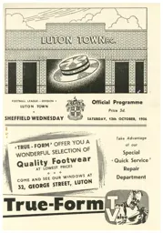 Programme: Luton Town FC vs Sheffield Wednesday (13th Oct 1956)