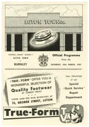 Programme: Luton Town FC vs Burnley (16th Mar 1957)