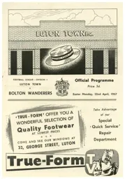 Programme: Luton Town FC vs Bolton Wanderers (22nd Apr 1957)