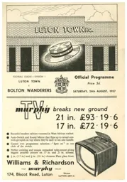 Programme: Luton Town FC vs Bolton Wanderers (24th Aug 1957)