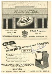 Programme: Luton Town FC vs Wolverhampton Wanderers (7th Sep 1957)