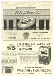 Programme: Luton Town FC vs Burnley (5th Oct 1957)