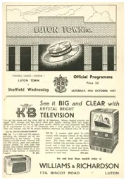 Programme: Luton Town FC vs Sheffield Wednesday (19th Oct 1957)