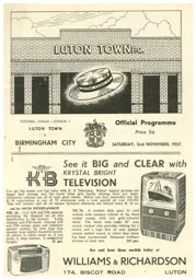 Programme: Luton Town FC vs Birmingham City (2nd Nov 1957)