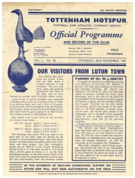 Programme: Tottenham Hotspur vs Luton Town FC (23rd Nov 1957)