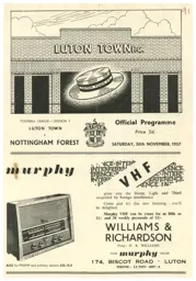 Programme: Luton Town FC vs Nottingham Forest (30th Nov 1957)