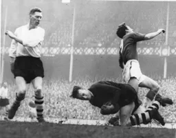 Ron Baynham makes sure its a clean sheet grabbing the ball away from Everton`s Jimmy Harris