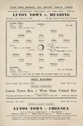 Programme: Luton Town FC vs Reading (31st Mar 1958)