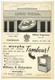 Programme: Luton Town FC vs Portsmouth (19th Apr 1958)