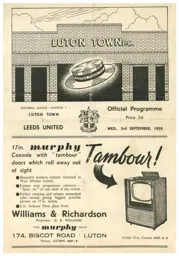 Programme: Luton Town FC vs Leeds United (3rd Sep 1958)
