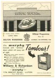 Programme: Luton Town FC vs Bolton Wanderers (13th Sep 1958)