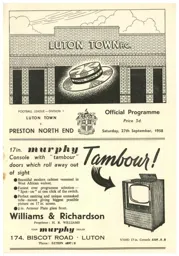 Programme: Luton Town FC vs Preston North End (27th Sep 1958)