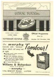 Programme: Luton Town FC vs Tottenham Hotspur (15th Nov 1958)