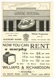 Programme: Luton Town FC vs Blackburn Rovers (13th Dec 1958)