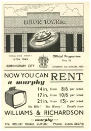 Programme: Luton Town FC vs Birmingham City (3rd Jan 1959)