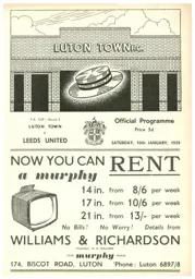 Programme: Luton Town FC vs Leeds United (10th Jan 1959)
