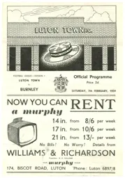 Programme: Luton Town FC vs Burnley (7th Feb 1959)