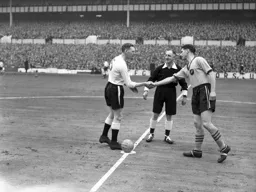 Syd Owen and City captain Ron Ashman shake hands before the kick watched by referee Mr Hickson