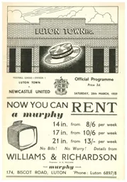 Programme: Luton Town FC vs Newcastle United (28th Mar 1959)