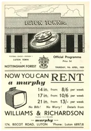 Programme: Luton Town FC vs Nottingham Forest (9th Apr 1959)