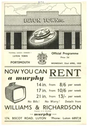 Programme: Luton Town FC vs Portsmouth (22nd Apr 1959)