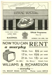 Programme: Luton Town FC vs Blackpool (25th Apr 1959)