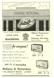Programme: Luton Town FC vs Blackpool (26th Aug 1959)