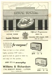 Programme: Luton Town FC vs Leeds United (29th Aug 1959)