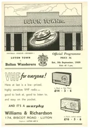 Programme: Luton Town FC vs Bolton Wanderers (5th Sep 1959)
