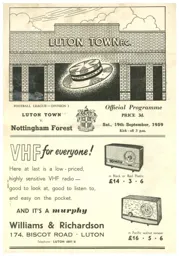 Programme: Luton Town FC vs Nottingham Forest (19th Sep 1959)