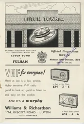 Programme: Luton Town FC vs Fulham (26th Oct 1959)