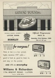 Programme: Luton Town FC vs Burnley (31st Oct 1959)