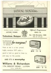 Programme: Luton Town FC vs Tottenham Hotspur (14th Nov 1959)