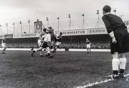 The referee closely watches a free for all in the box