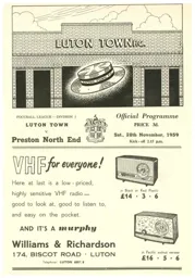 Programme: Luton Town FC vs Preston North End (28th Nov 1959)