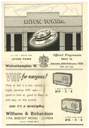 Programme: Luton Town FC vs Wolverhampton Wanderers (20th Feb 1960)
